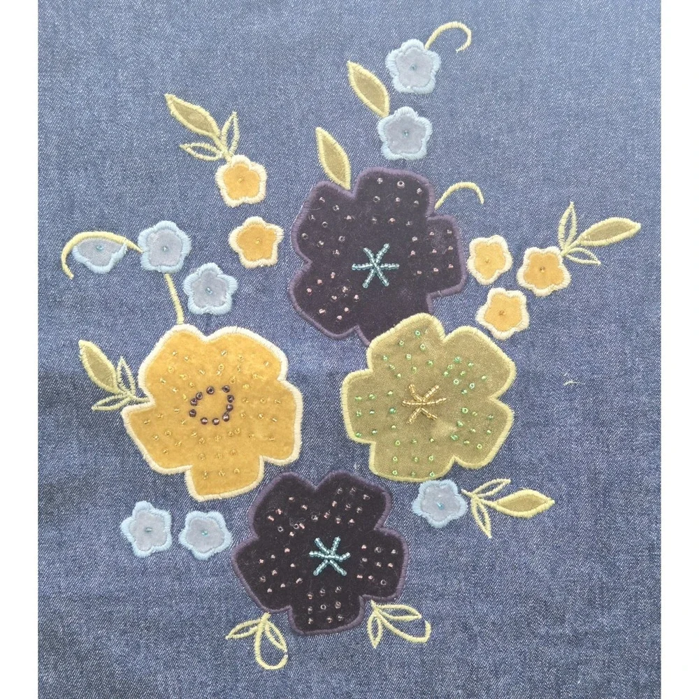 Rare Vintage Spiegel Home Cotton Embroidered Denim Throw/2 Matching Floral Shams